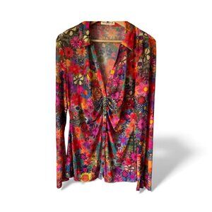 Natural Life Sz XL Carina Mesh Top Vivid Floral Flower Power Fitted Low V Sheer